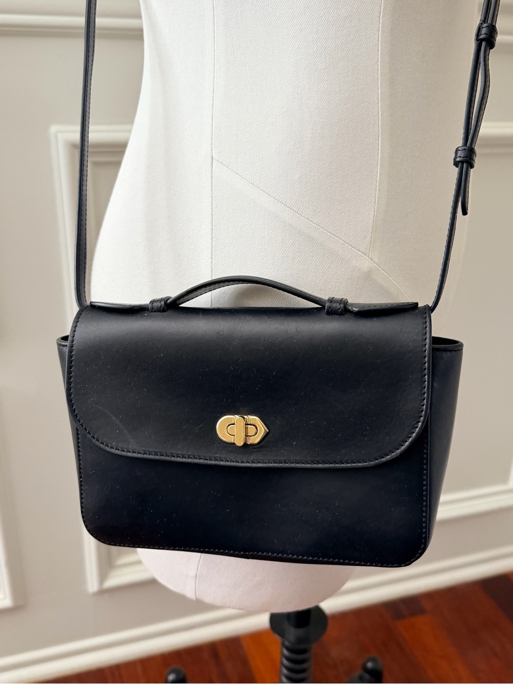 Clare V. Katherine Black Leather Crossbody with Gold Turn-Lock Bag - Picture 3 of 7